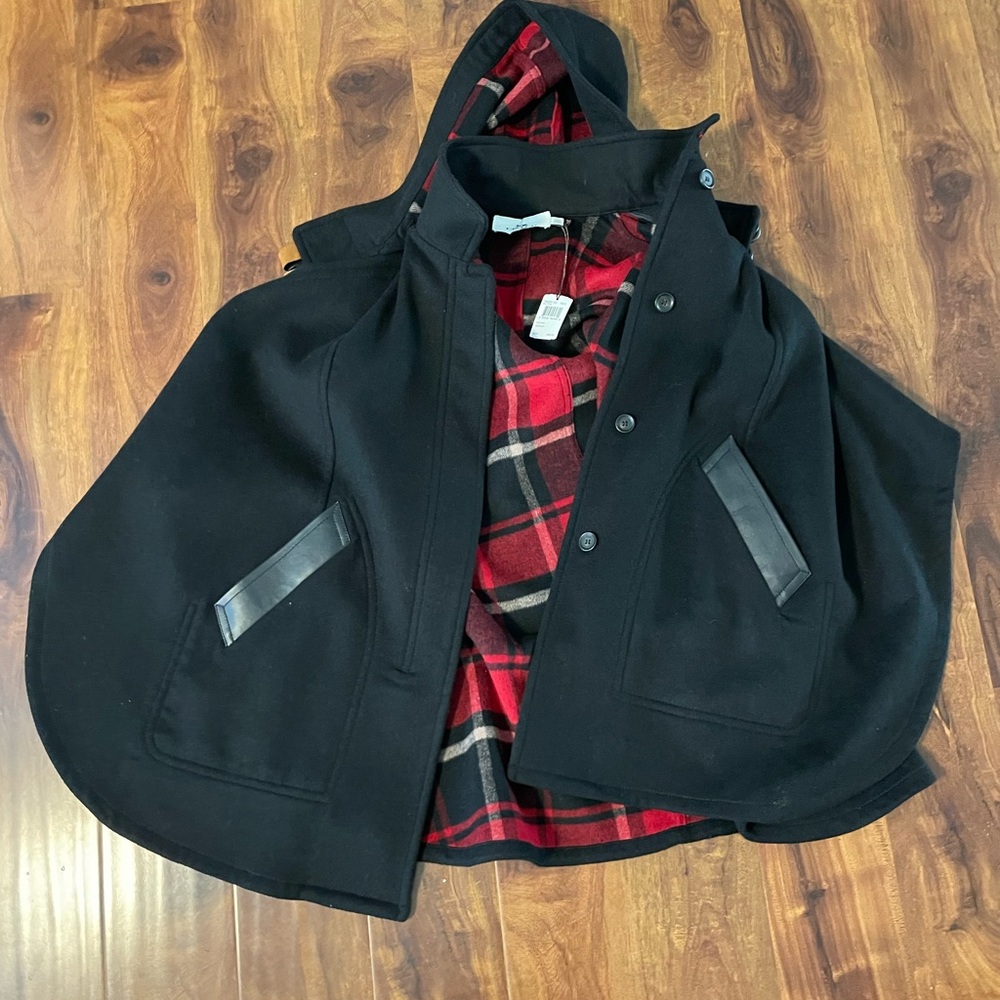 Black Hooded Jacket with Red Plaid Lining